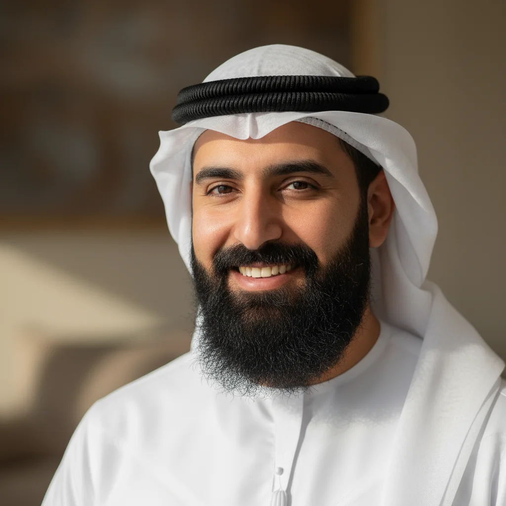 رجل سعودي في الأربعينات يرتدي ثوباً أبيض وغترة بيضاء يبتسم بثقة